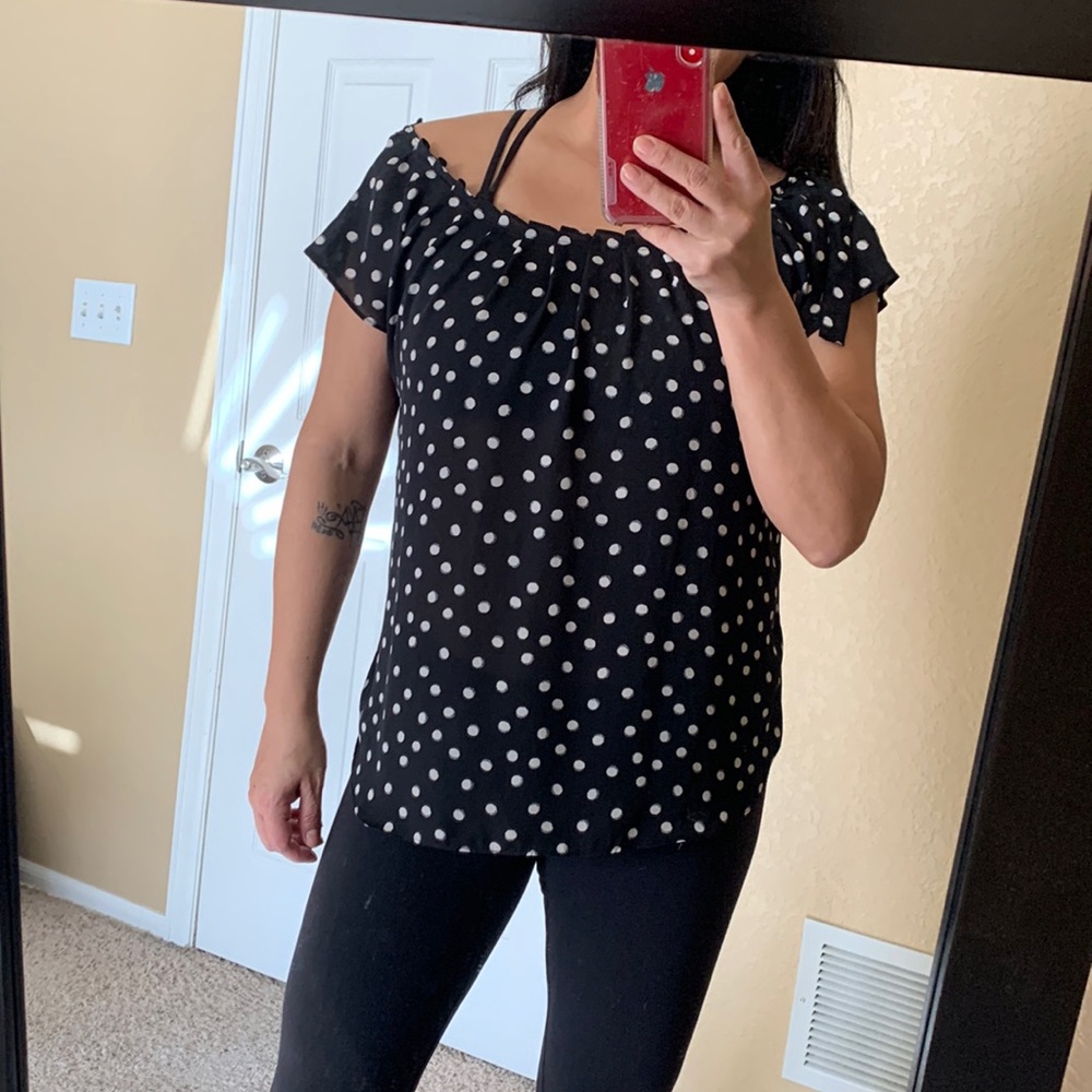 Black sheer blouse with polka dots